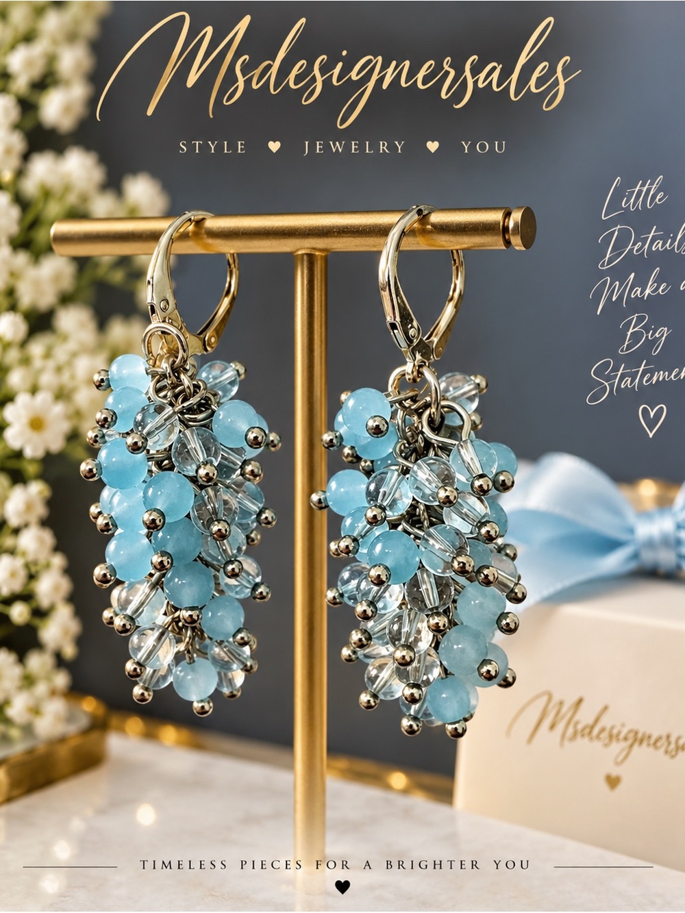 Light Blue Cluster Bead Drop Earrings